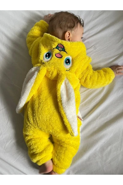 Welsoft Peluş Unisex Fermuarlı Kışlık Tavşan Bebek Uyku Tulumu - SARI-BEYAZ