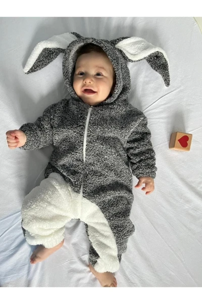 Welsoft Peluş Unisex Fermuarlı Kışlık Tavşan Bebek/çocuk Uyku Tulumu - KIRÇILLI GRİ-BEYAZ