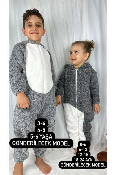 Welsoft Peluş Unisex Fermuarlı Kışlık Tavşan Bebek/çocuk Uyku Tulumu - KIRÇILLI GRİ-BEYAZ