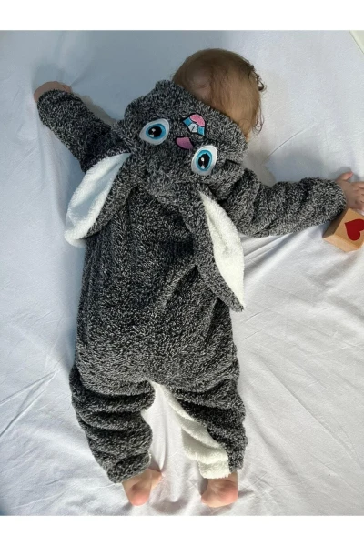 Welsoft Peluş Unisex Fermuarlı Kışlık Tavşan Bebek/çocuk Uyku Tulumu - KIRÇILLI GRİ-BEYAZ