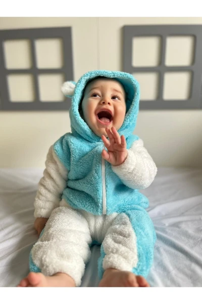 Welsoft Peluş Unisex Fermuarlı Kışlık Unicorn Bebek Uyku Tulumu - TURKUAZ-BEYAZ