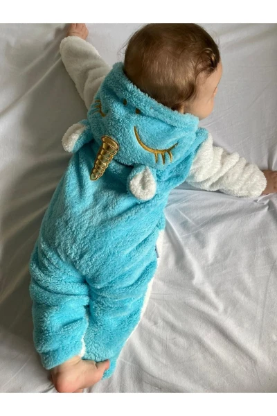 Welsoft Peluş Unisex Fermuarlı Kışlık Unicorn Bebek Uyku Tulumu - TURKUAZ-BEYAZ