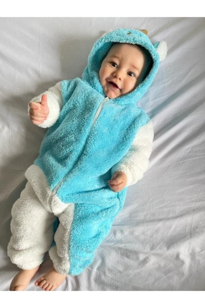 Welsoft Peluş Unisex Fermuarlı Kışlık Unicorn Bebek Uyku Tulumu - TURKUAZ-BEYAZ
