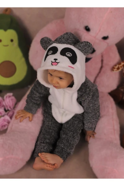 Welsoft Peluş Unisex Fermuarlı Panda Bebek Uyku Tulumu - KIRÇILLI GRİ