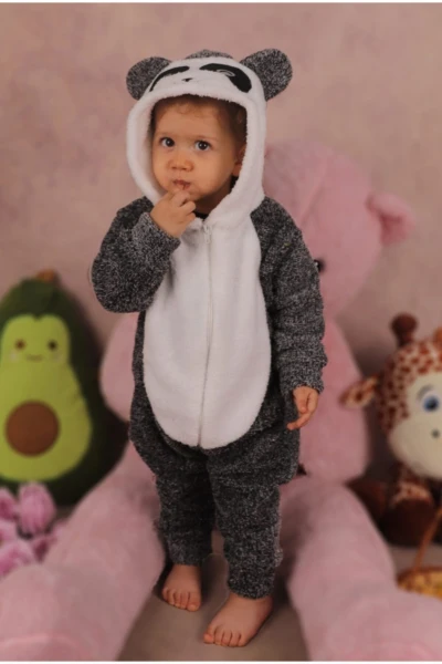 Welsoft Peluş Unisex Fermuarlı Panda Bebek Uyku Tulumu - KIRÇILLI GRİ