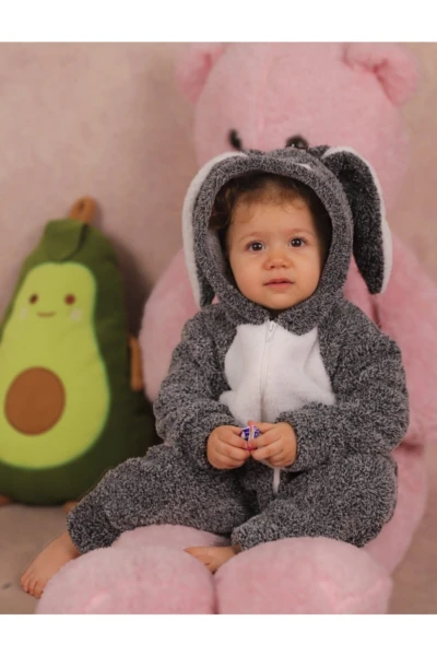 Welsoft Peluş Unisex Fermuarlı Tavşan Bebek Uyku Tulumu - KIRÇILLI GRİ
