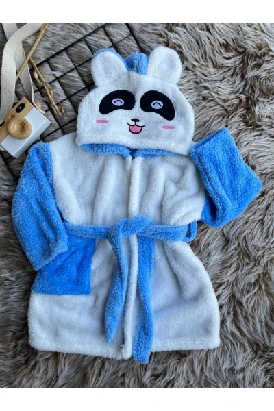 Welsoft Unisex Panda Çocuk Sabahlık Bornoz - MAVİ