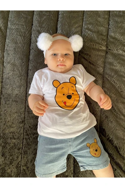 Winnie Pooh Baskılı Kot Şortlu Premium Unisex İkili Takım - SARI
