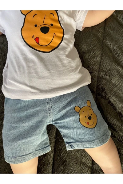 Winnie Pooh Baskılı Kot Şortlu Premium Unisex İkili Takım - SARI