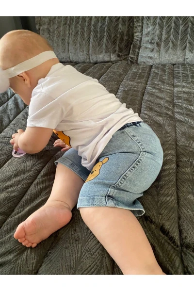 Winnie Pooh Baskılı Kot Şortlu Premium Unisex İkili Takım - SARI
