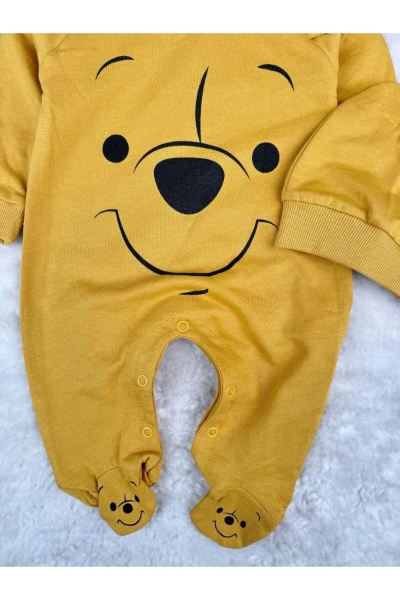 Winnie The Pooh Baskılı Ayaklı %100 Pamuklu Mevsimlik Unisex Tulum - HARDAL