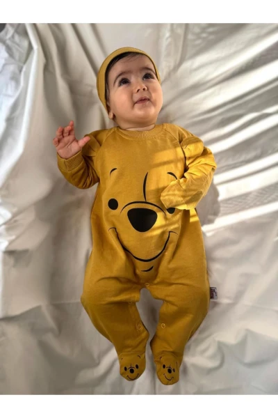 Winnie The Pooh Baskılı Ayaklı %100 Pamuklu Mevsimlik Unisex Tulum - HARDAL