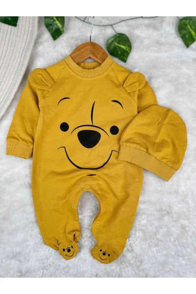 Winnie The Pooh Baskılı Ayaklı %100 Pamuklu Mevsimlik Unisex Tulum - HARDAL