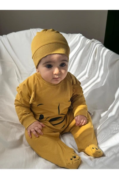 Winnie The Pooh Baskılı Ayaklı %100 Pamuklu Mevsimlik Unisex Tulum - HARDAL