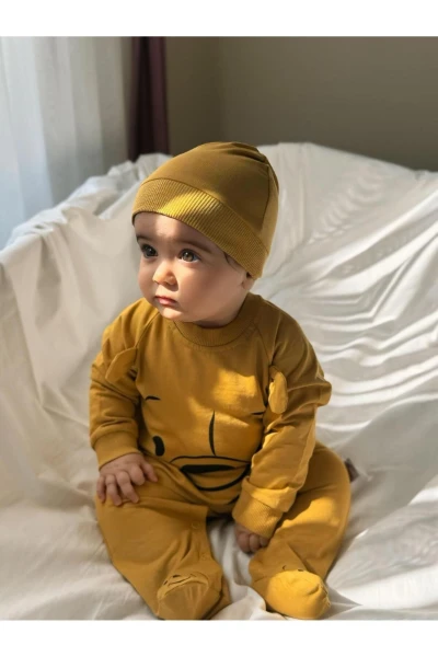 Winnie The Pooh Baskılı Ayaklı %100 Pamuklu Mevsimlik Unisex Tulum - HARDAL