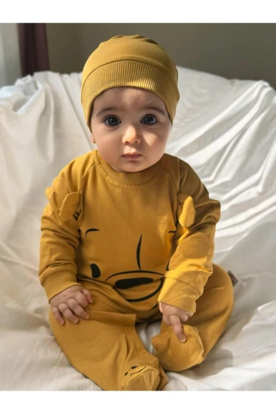 Winnie The Pooh Baskılı Ayaklı %100 Pamuklu Mevsimlik Unisex Tulum - HARDAL
