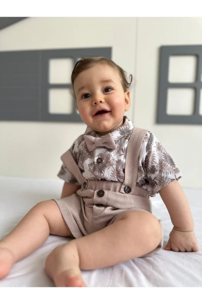 YAPRAK BASKILI GÖMLEKLİ ERKEK BEBEK İKİLİ TAKIM - SÜTLÜ KAHVE