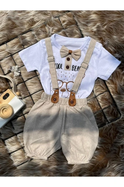 Yazlık Cool Bear Baskılı Papyonlu Askılı Şortlu 2'li Bebek Takımı - GRİ