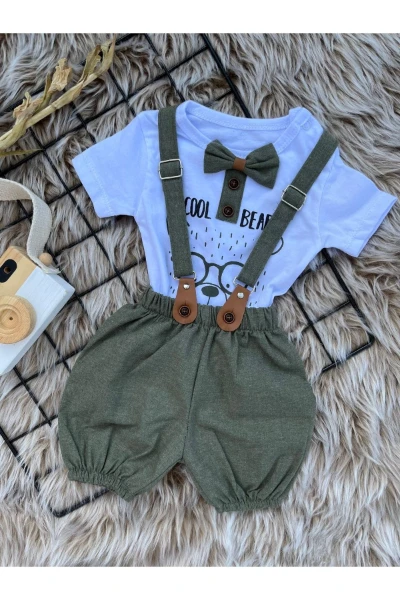 Yazlık Cool Bear Baskılı Papyonlu Askılı Şortlu 2'li Bebek Takımı - HAKİ YEŞİLİ