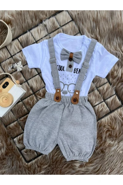 Yazlık Cool Bear Baskılı Papyonlu Askılı Şortlu 2'li Bebek Takımı - GRİ