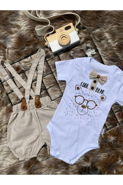 Yazlık Cool Bear Baskılı Papyonlu Askılı Şortlu 2'li Bebek Takımı - GRİ