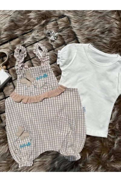 Yazlık Kelebek Nakışlı Kareli Badili Salopet Bebek Tulumu - BEJ
