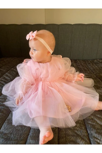 Yazlık Tütülü Astarlı Bebek Elbise Çocuk Elbise Kız Çocuk Doğum Günü Parti Astarlı Düğün Elbisesi - PEMBE