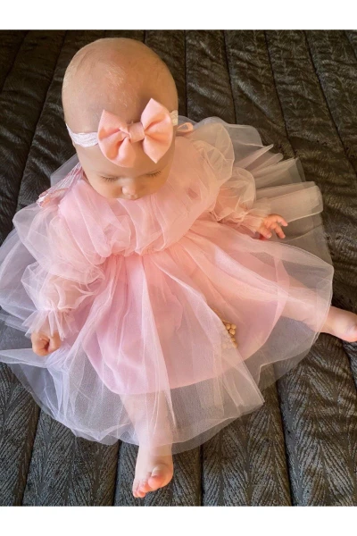 Yazlık Tütülü Astarlı Bebek Elbise Çocuk Elbise Kız Çocuk Doğum Günü Parti Astarlı Düğün Elbisesi - PEMBE