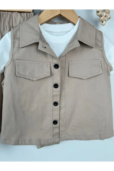 Yelekli Düz Beyaz Tişörtlü Bebek Premium Gabardin Üçlü Takım - SÜTLÜ KAHVE