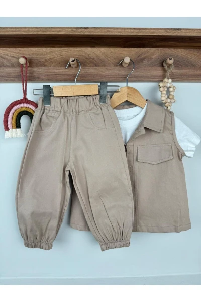 Yelekli Düz Beyaz Tişörtlü Bebek Premium Gabardin Üçlü Takım - SÜTLÜ KAHVE