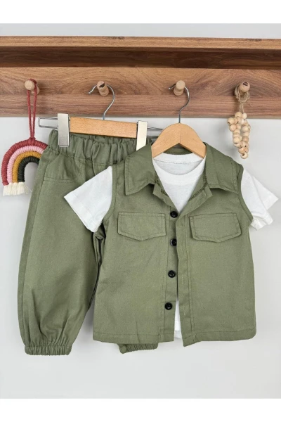 Yelekli Düz Beyaz Tişörtlü Bebek Premium Gabardin Üçlü Takım - YEŞİL