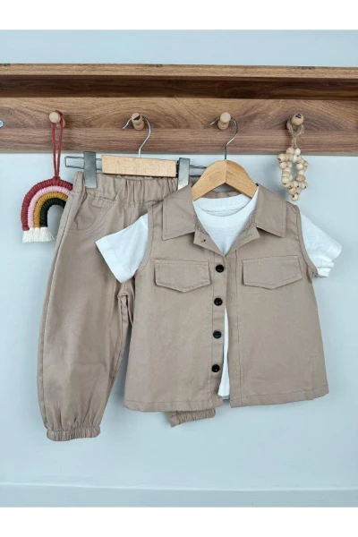Yelekli Düz Beyaz Tişörtlü Bebek Premium Gabardin Üçlü Takım - SÜTLÜ KAHVE