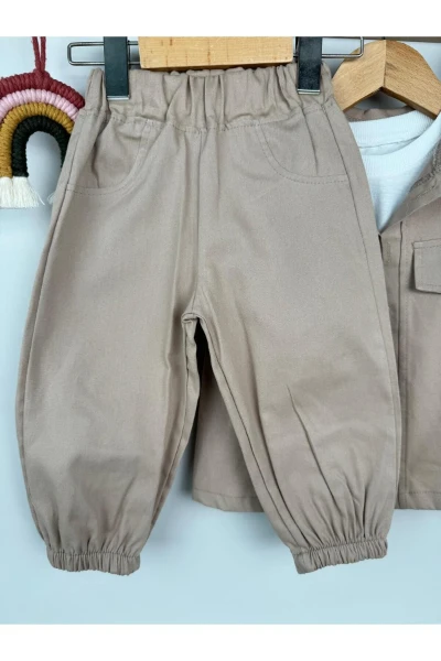Yelekli Düz Beyaz Tişörtlü Bebek Premium Gabardin Üçlü Takım - SÜTLÜ KAHVE