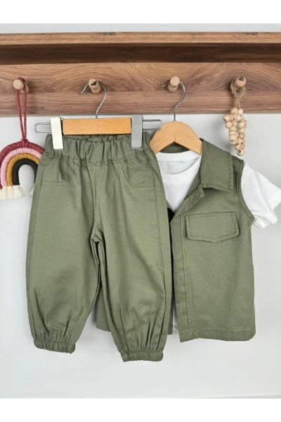 Yelekli Düz Beyaz Tişörtlü Bebek Premium Gabardin Üçlü Takım - YEŞİL