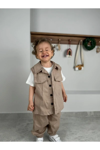 Yelekli Düz Beyaz Tişörtlü Bebek Premium Gabardin Üçlü Takım - SÜTLÜ KAHVE