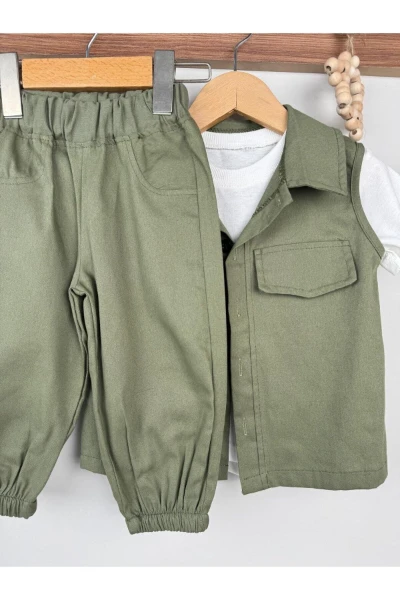 Yelekli Düz Beyaz Tişörtlü Bebek Premium Gabardin Üçlü Takım - YEŞİL
