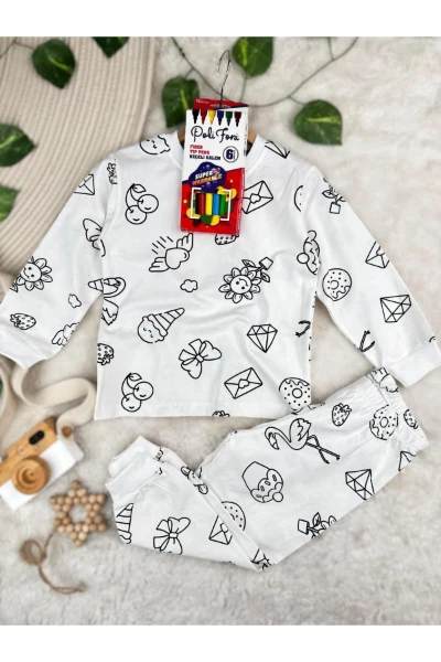 Zarf Çiçek Baskılı Boyamalı Boya Kalemli Çocuk Pijama Takım - BEYAZ