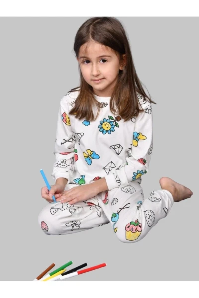 Zarf Çiçek Baskılı Boyamalı Boya Kalemli Çocuk Pijama Takım - BEYAZ