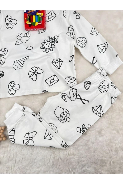 Zarf Çiçek Baskılı Boyamalı Boya Kalemli Çocuk Pijama Takım - BEYAZ
