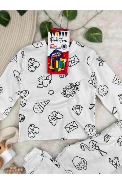 Zarf Çiçek Baskılı Boyamalı Boya Kalemli Çocuk Pijama Takım - BEYAZ