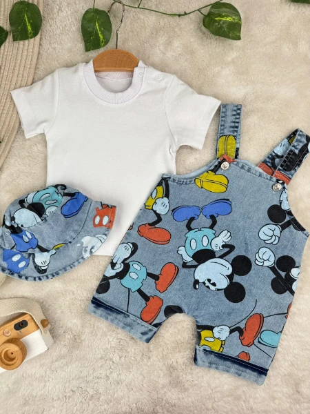 Mickey Mouse Baskılı Bucket Kasket Şapkalı Tişörtlü 3’Lü Salopet Set - MAVİ