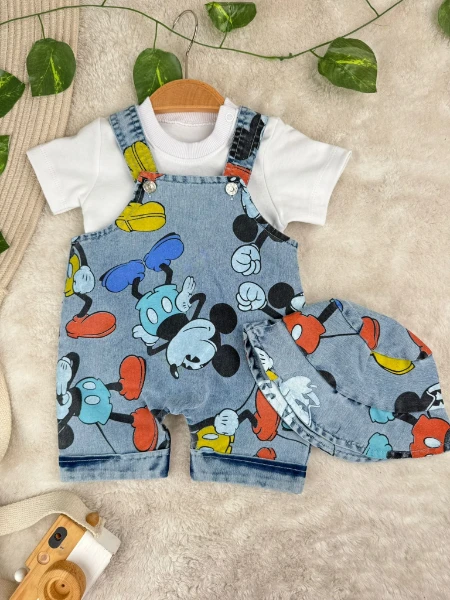 Mickey Mouse Baskılı Bucket Kasket Şapkalı Tişörtlü 3’Lü Salopet Set - MAVİ
