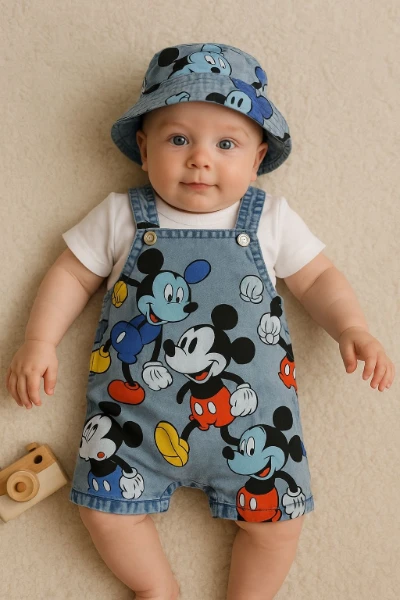 Mickey Mouse Baskılı Bucket Kasket Şapkalı Tişörtlü 3’Lü Salopet Set - MAVİ