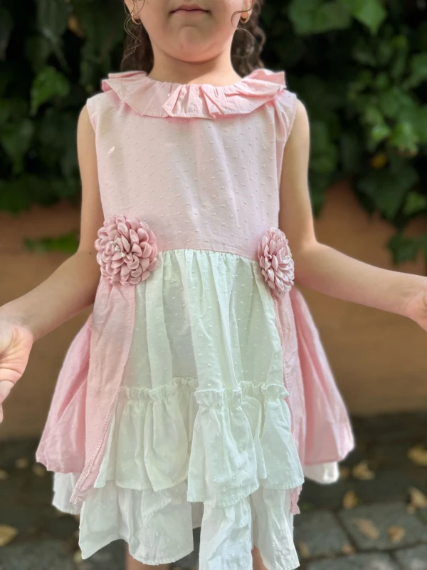Kız Bebek Kız Çocuk Sıfır Kollu 3 Boyutlu Çiçek Detay Özel Gün Doğum Günü Parti Düğün Bayramlık Elbise - PEMBE