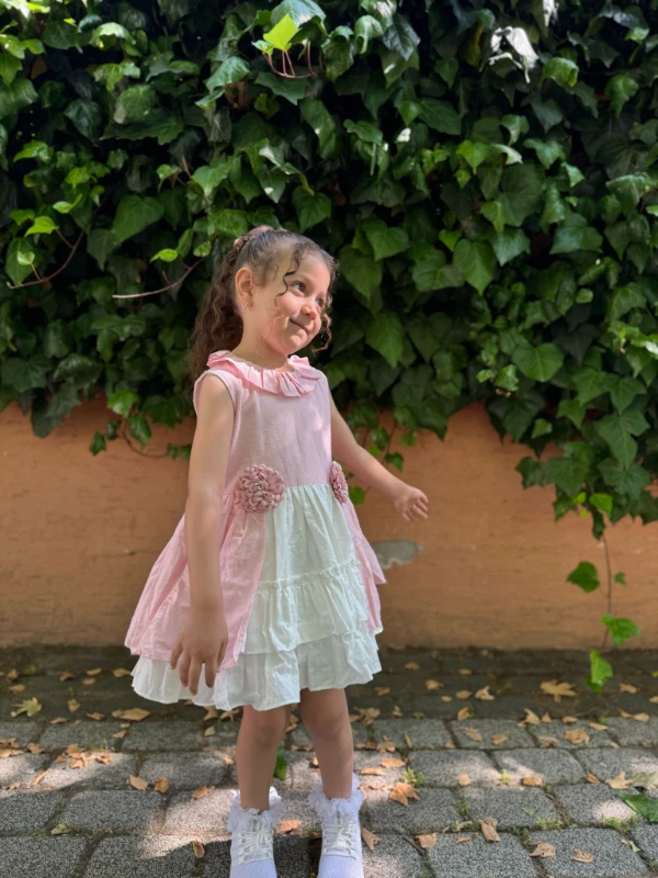 Kız Bebek Kız Çocuk Sıfır Kollu 3 Boyutlu Çiçek Detay Özel Gün Doğum Günü Parti Düğün Bayramlık Elbise - PEMBE