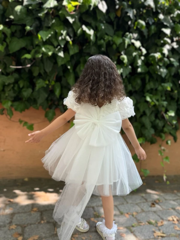 Kız Bebek Kısa Kollu Uzun Fiyonklu Doğum Günü Parti Düğün Özel Gün Abiye Kız Çocuk Elbise - BEYAZ