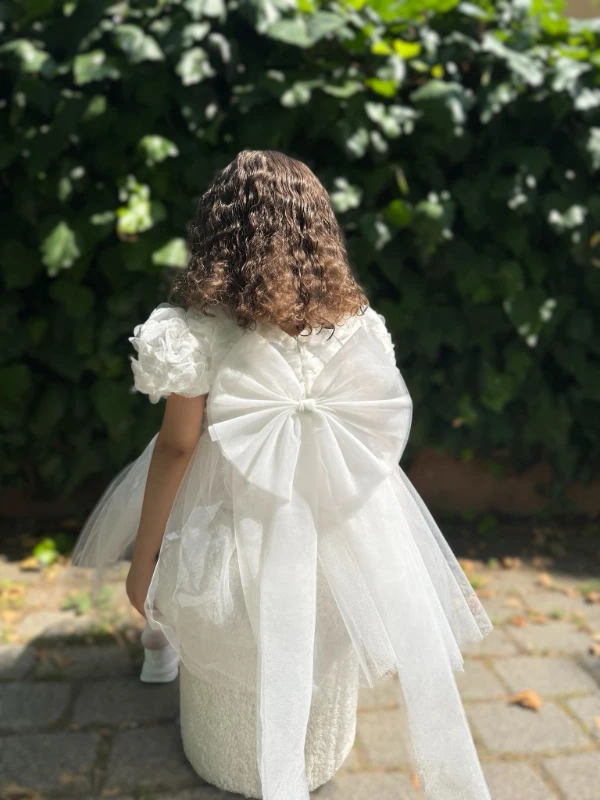 Kız Bebek Kısa Kollu Uzun Fiyonklu Doğum Günü Parti Düğün Özel Gün Abiye Kız Çocuk Elbise - BEYAZ
