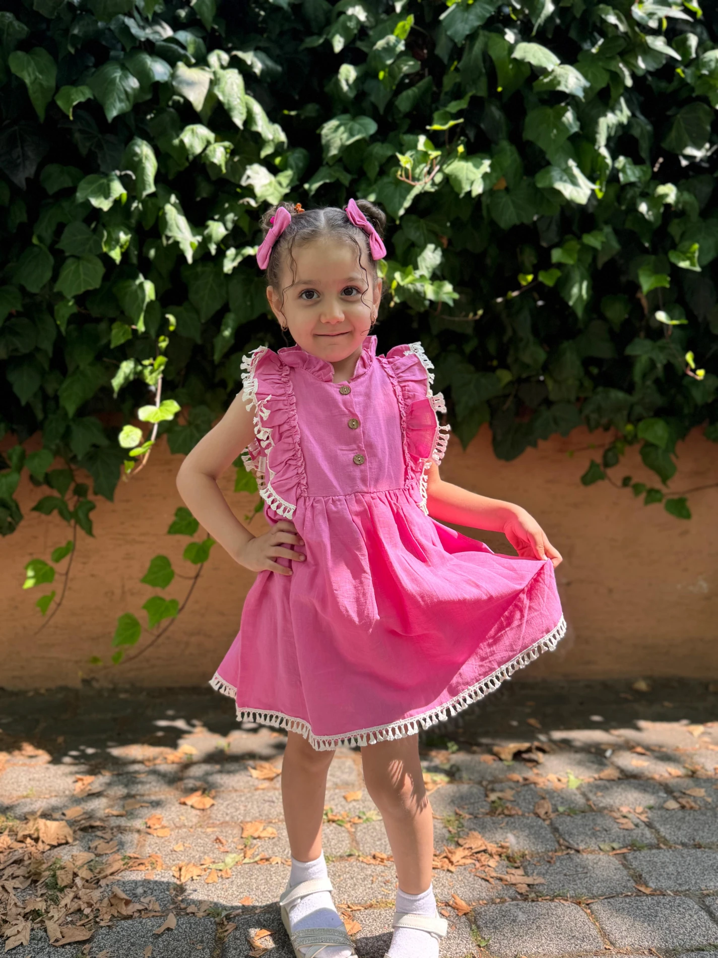 Kız Bebek Elbise Kısa Kollu Fırfırlı Tokalı Doğum Günü Parti Düğün Keten Günlük Kız Çocuk Elbise - PEMBE