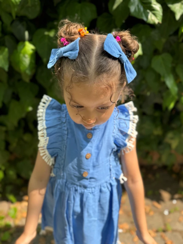 Kız Bebek Elbise Kısa Kollu Fırfırlı Tokalı Doğum Günü Parti Düğün Keten Günlük Kız Çocuk Elbise - MAVİ