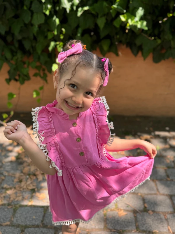 Kız Bebek Elbise Kısa Kollu Fırfırlı Tokalı Doğum Günü Parti Düğün Keten Günlük Kız Çocuk Elbise - PEMBE